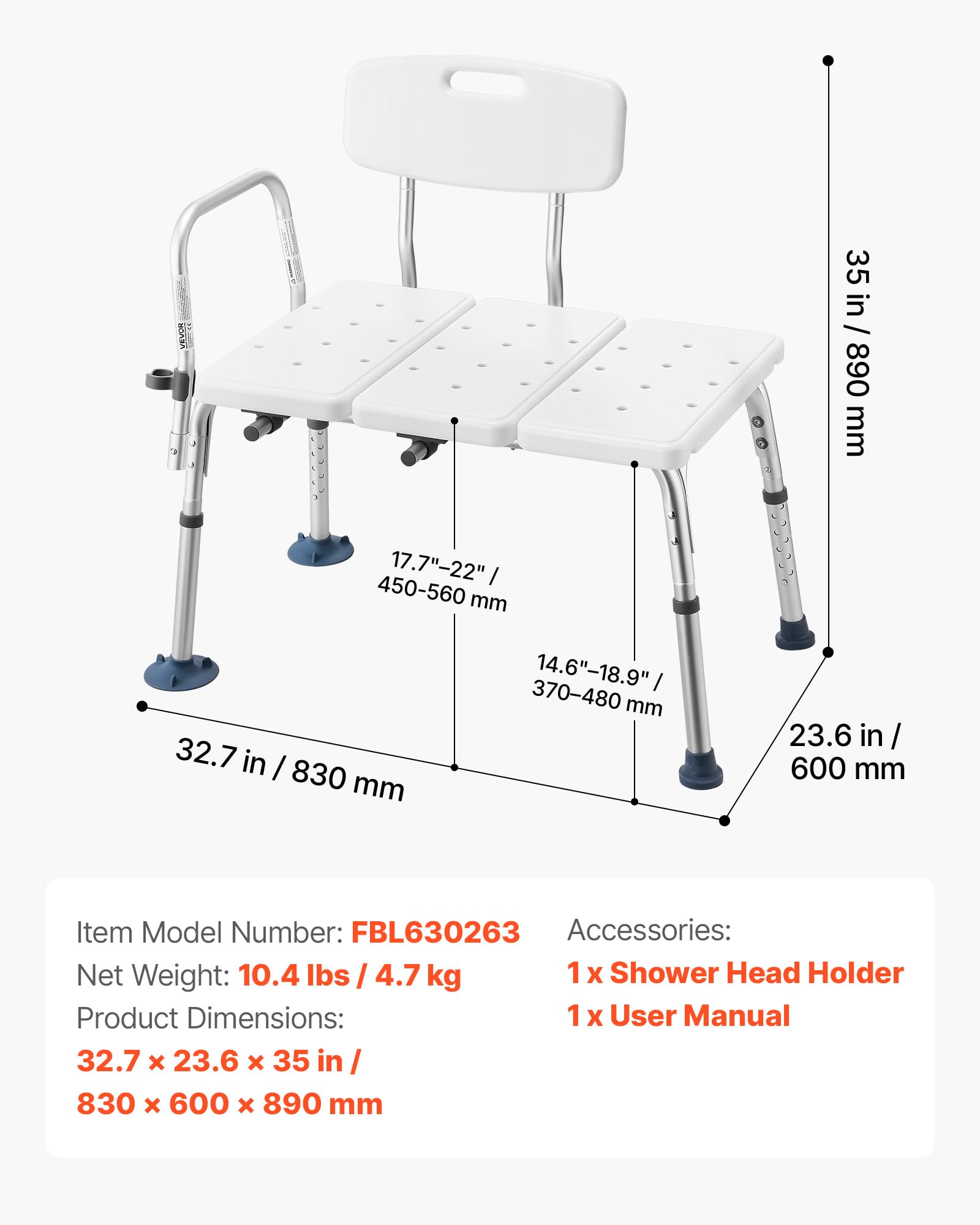 VEVOR Panca di Trasferimento per Vasca da Bagno, Sedile da Bagno con Bracciolo Schienale Carico max 180 kg, Panca per Trasferimento di 830 x 600 x 890 mm Doccia per Adulti Altezza Regolabile