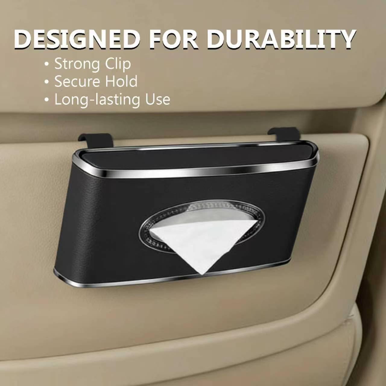 Faux Leather Car Tissue Box for Car Interior, Multi-Function Tissue Holder with Visor Clip, Armrest & Back Seat Napkin Organizer, Vehicle Tissue Dispenser Accessories (Black Hanging)