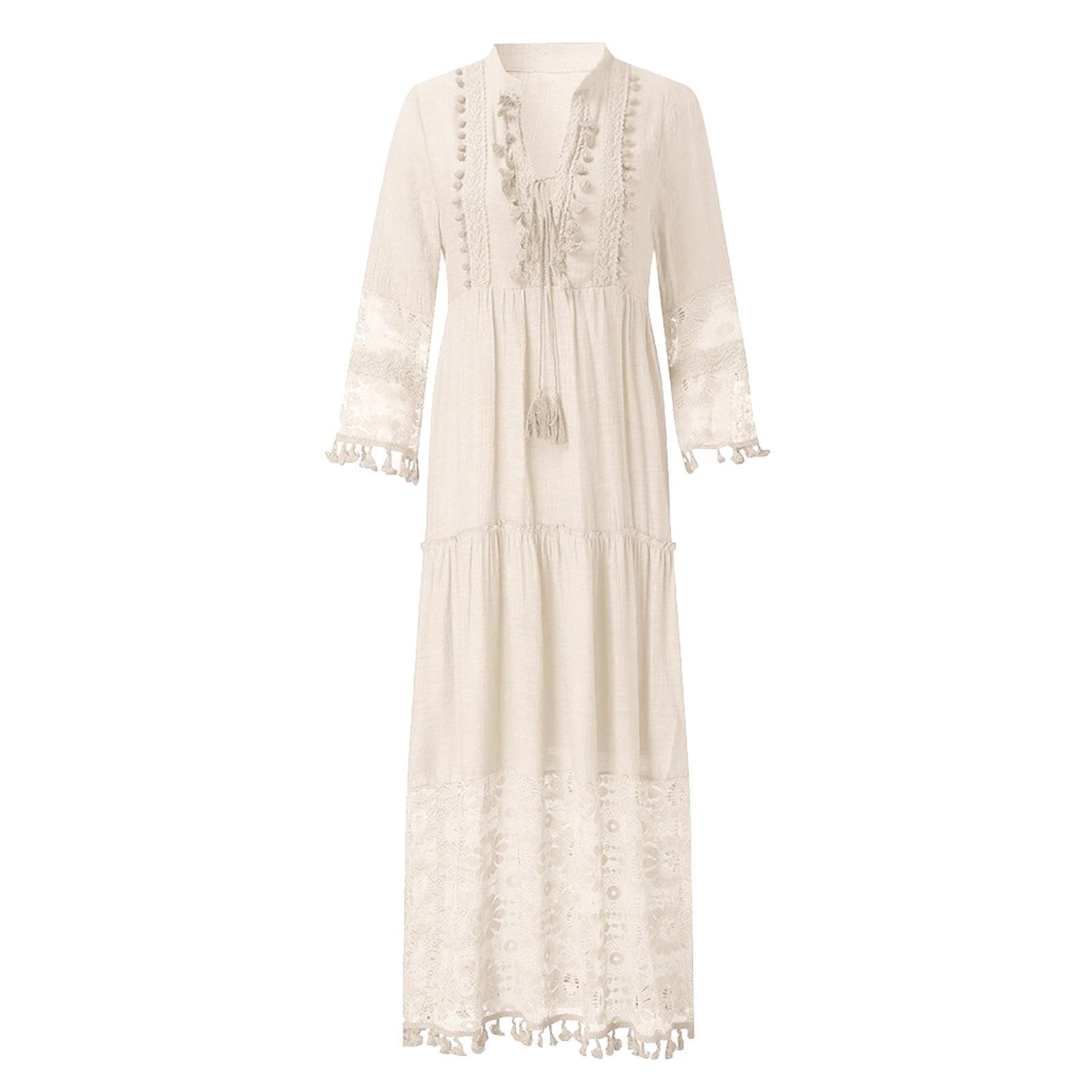 Vestido Mujer Bohemio Largo Verano Playa Fiesta Cordón Manga Larga Cuello en V Maxi Vestidos de Noche Banquete Cóctel
