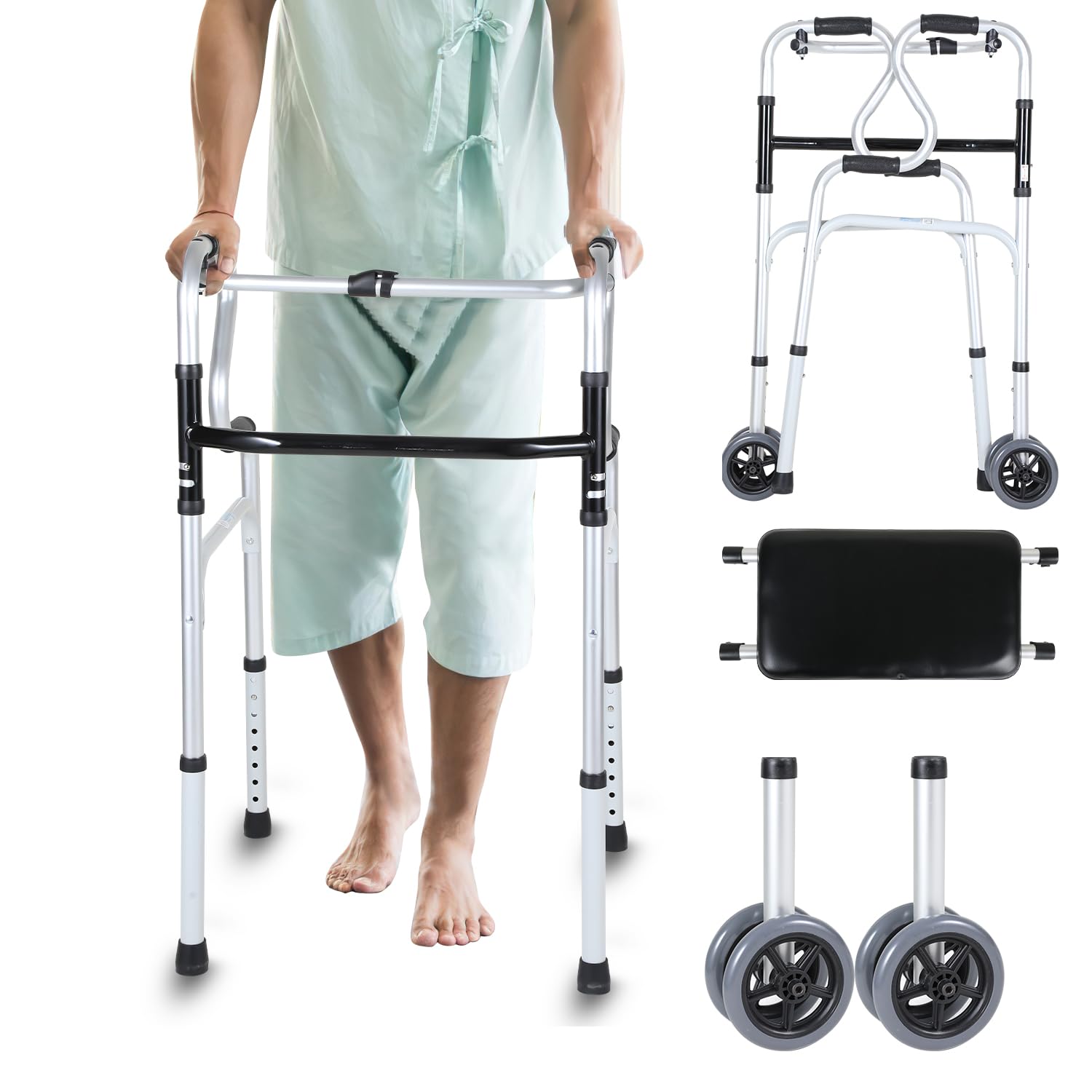 Fiqops Andador para personas mayores, con ruedas, para adultos, fácil de ajustar en altura, plegable, estable