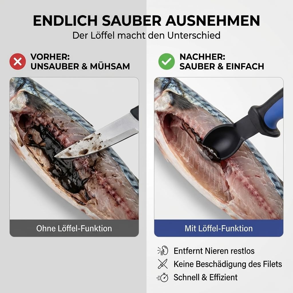4in1 Ausnehmmesser Fisch mit Löffel als Ausnehmhilfe | Filitiermesser Scharf Fisch 15cm Klinge | Fischmesser Angelmesser Ausnehmen Messer Filiermesser Angel Messer Angeln Fischen