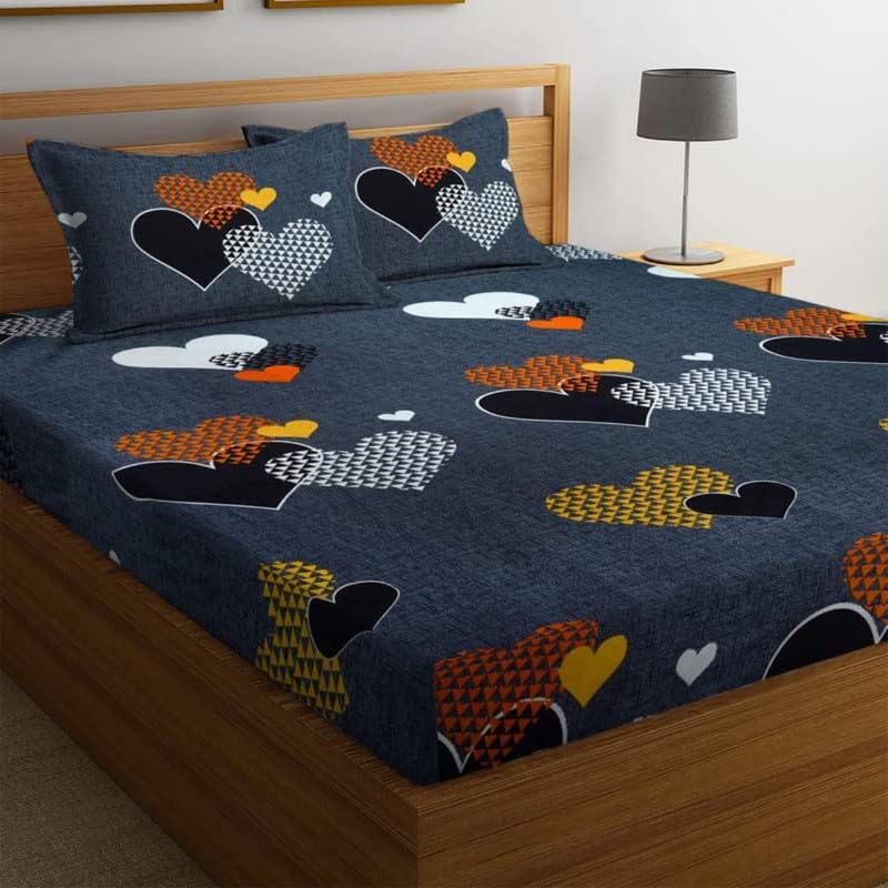 CLICKCART Glace Cotton Prime Collection Ultrasoft Skin Friendly King Size Elastic Fitted Printed Double Bedsheet with 2 Pillow Covers (72 x 78 Inch) - Grey with Multi Hearts Gold Fitted2 (B0D8JFVQVX) Amazon Price History, Amazon Price Tracker
