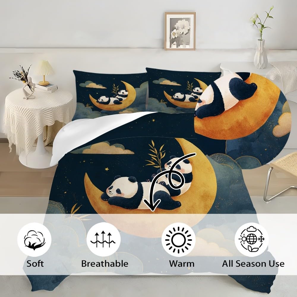 Kreatywna poszewka na kołdrę z motywem pandy, księżyc, 3-częściowa, 155 x 220 cm, mikrofibra, z zamkiem błyskawicznym, przytulna i puszysta, dla dzieci, dziewcząt, dorosłych, z poszewką na poduszkę 80