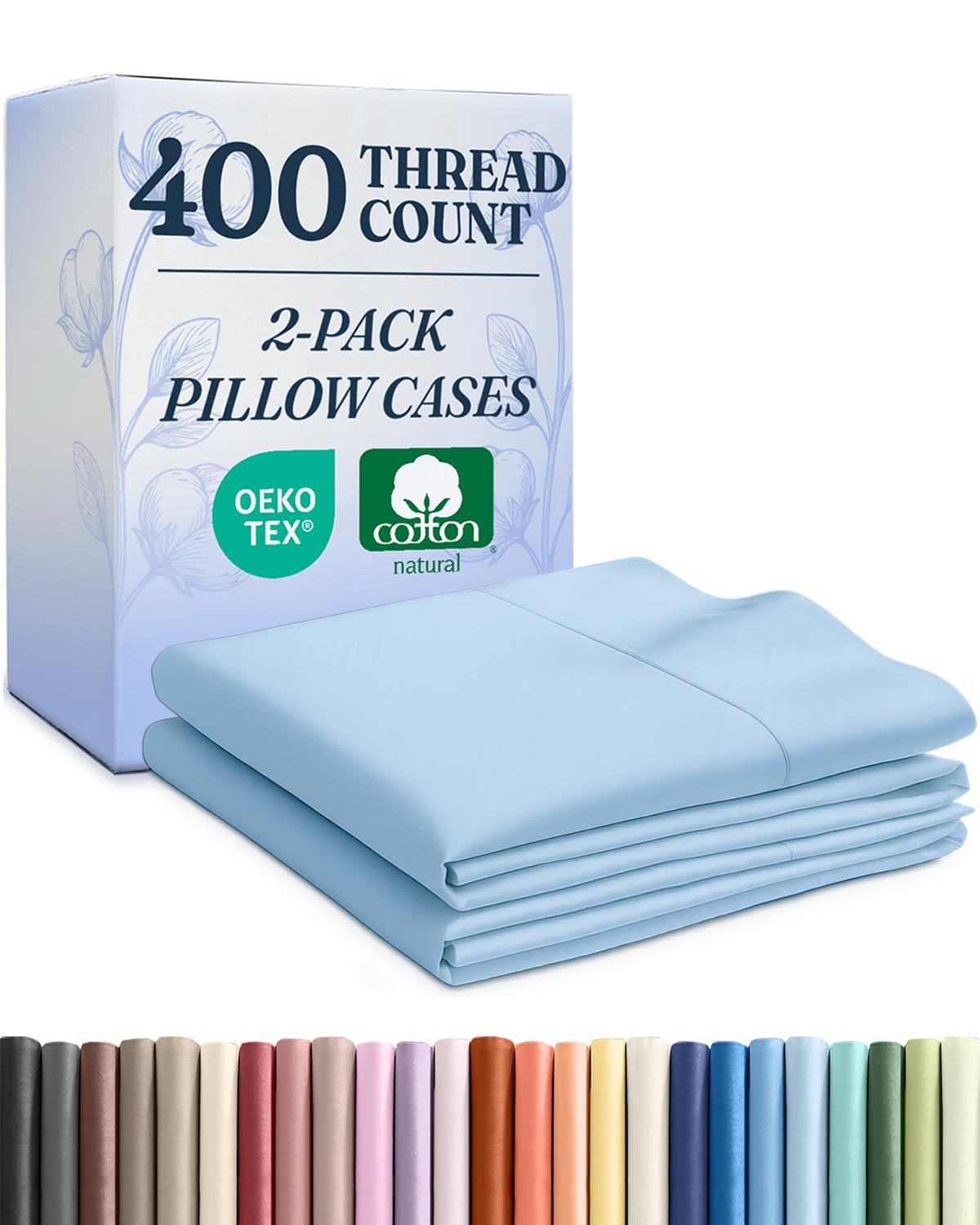 100% Cotton Pillow Cases Queen Size - Cooling, Breathable & Soft Pillowcase Covers Set of 2 - 400 Thread Count Cotton - Wrinkle Free - Machine Washable Protectors - Luxury Hotel Bedding - Light Blue