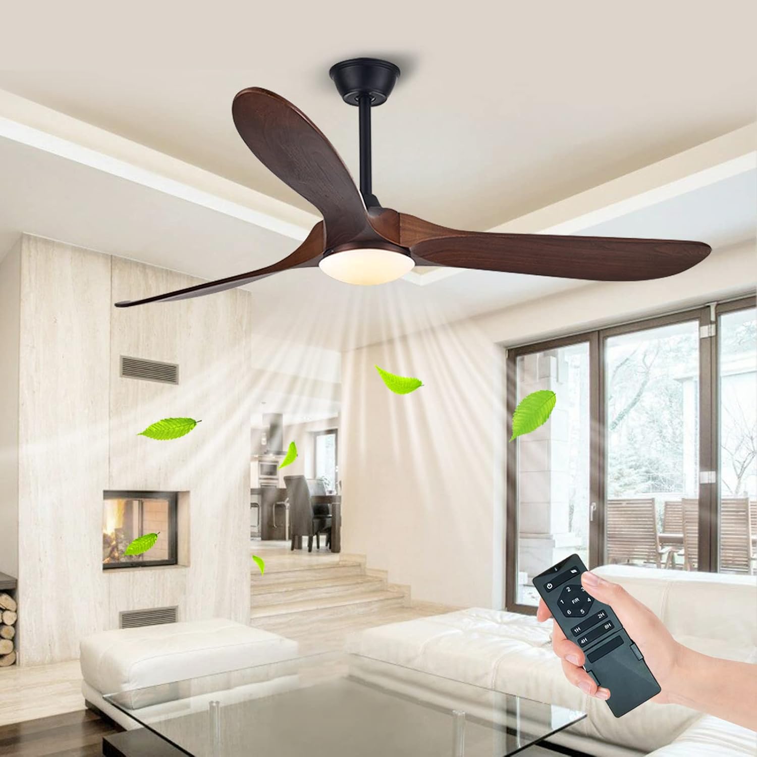 60" Wood Ceiling Fans with Lights and Remote, 3 Blade Propeller Modern Ceiling Fan, Reversible Silent DC Motor Retro Style Ceiling Fan for Indoor/Outdoor patios Farmhouse Bedroom Gazebo