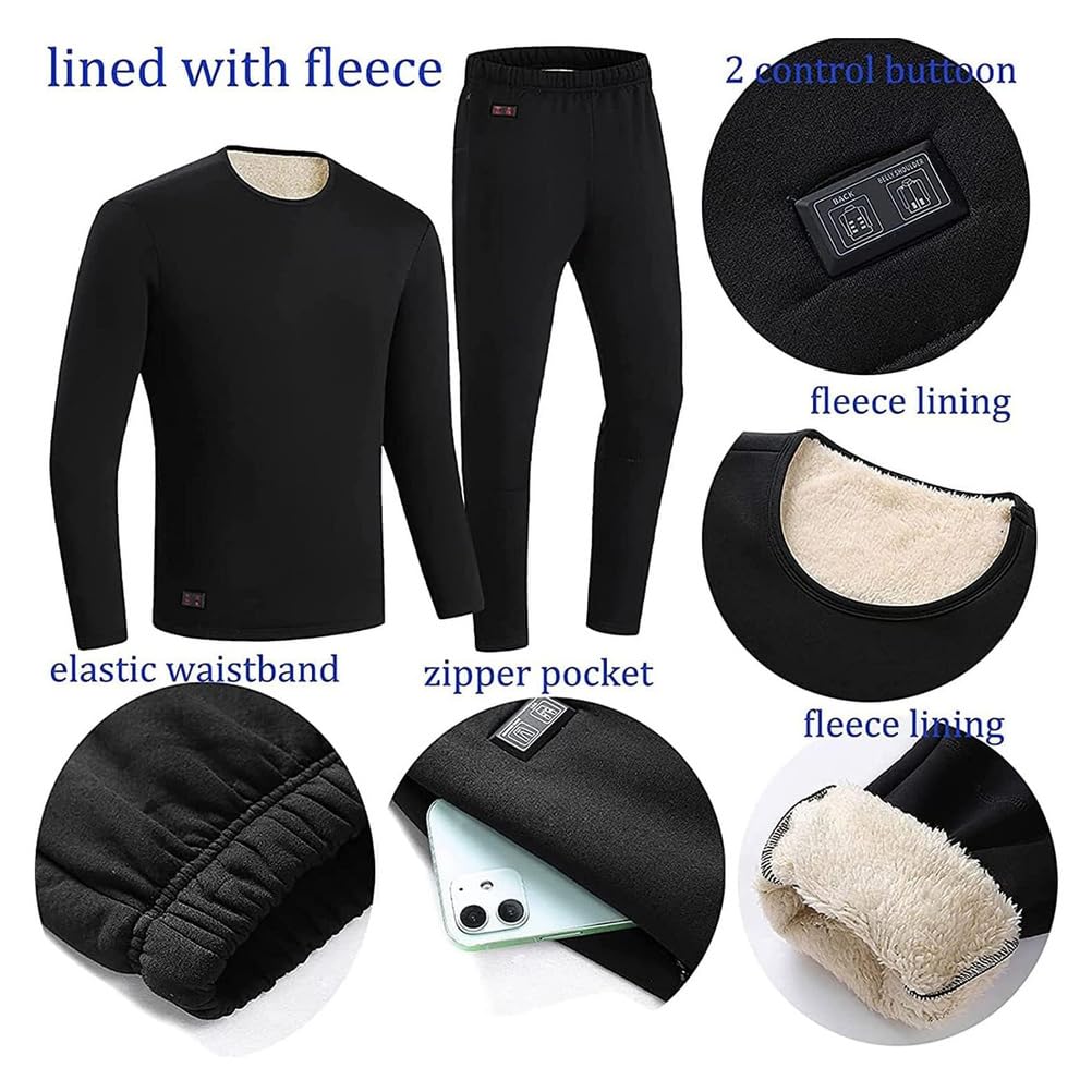 Conjunto de Ropa Interior Térmica Calefactada para Hombre, Conjunto de Camiseta y Pantalón Térmicos Calefactados Inteligentes USB de 18 Zonas, Capa Base Calefactada para Invierno,Negro,XL