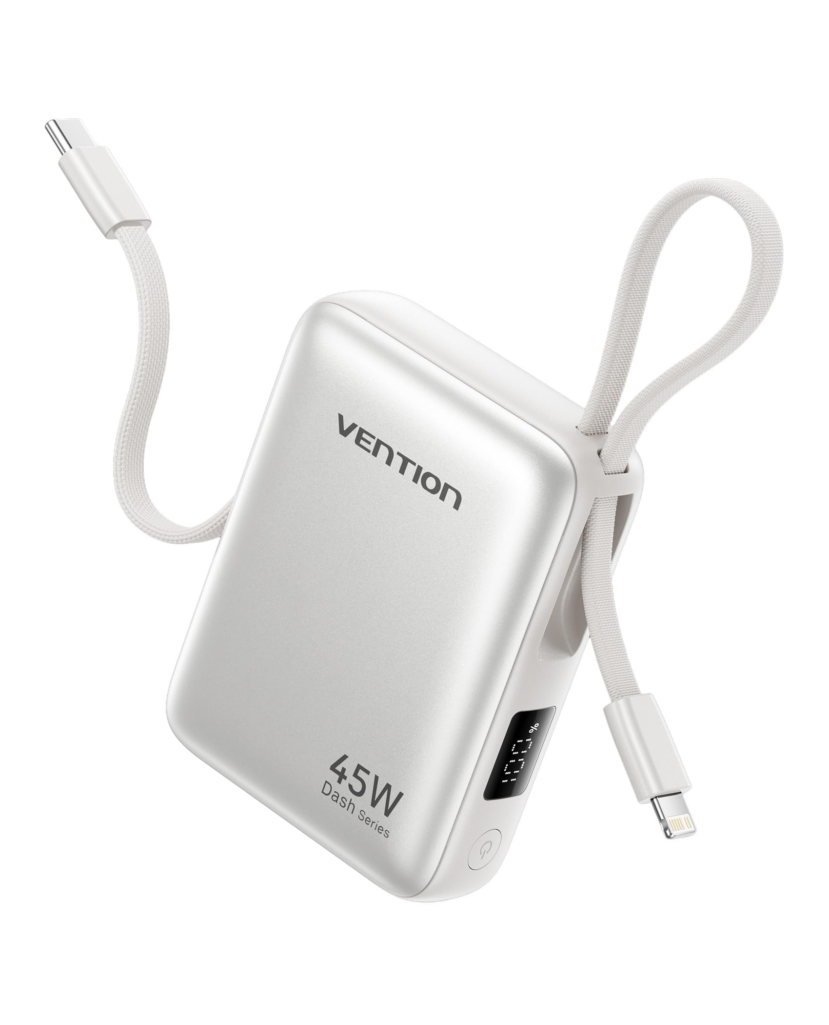 VENTION Mini Power Bank 10000mAh 45W Ricarica Rapida, con Cavo USB-C Integrato & Display Intelligente, Caricatore Portatile 3 Porte Compatibile con iPhone 16/15/14 Pro Max Plus, iPad, Galaxy S24 Ultra
