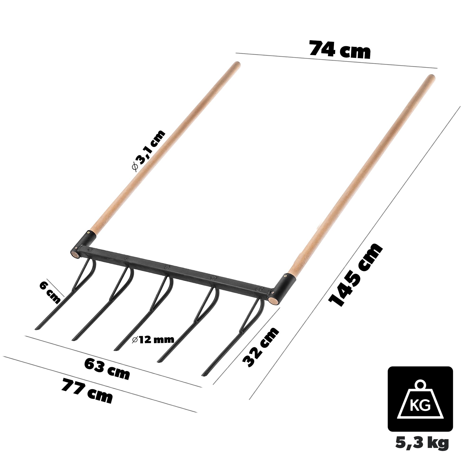 KADAX Fourche à bêcher à 5 branches avec manches en bois longues, cultivateur manuel robuste pour ameublir le sol et jardiner, double fourche à bêcher (avec manche)