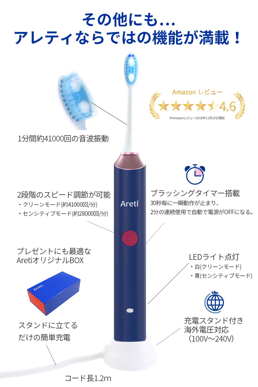 Amazon | Areti（アレティ） 電動歯ブラシ ホワイトニング 2段階速