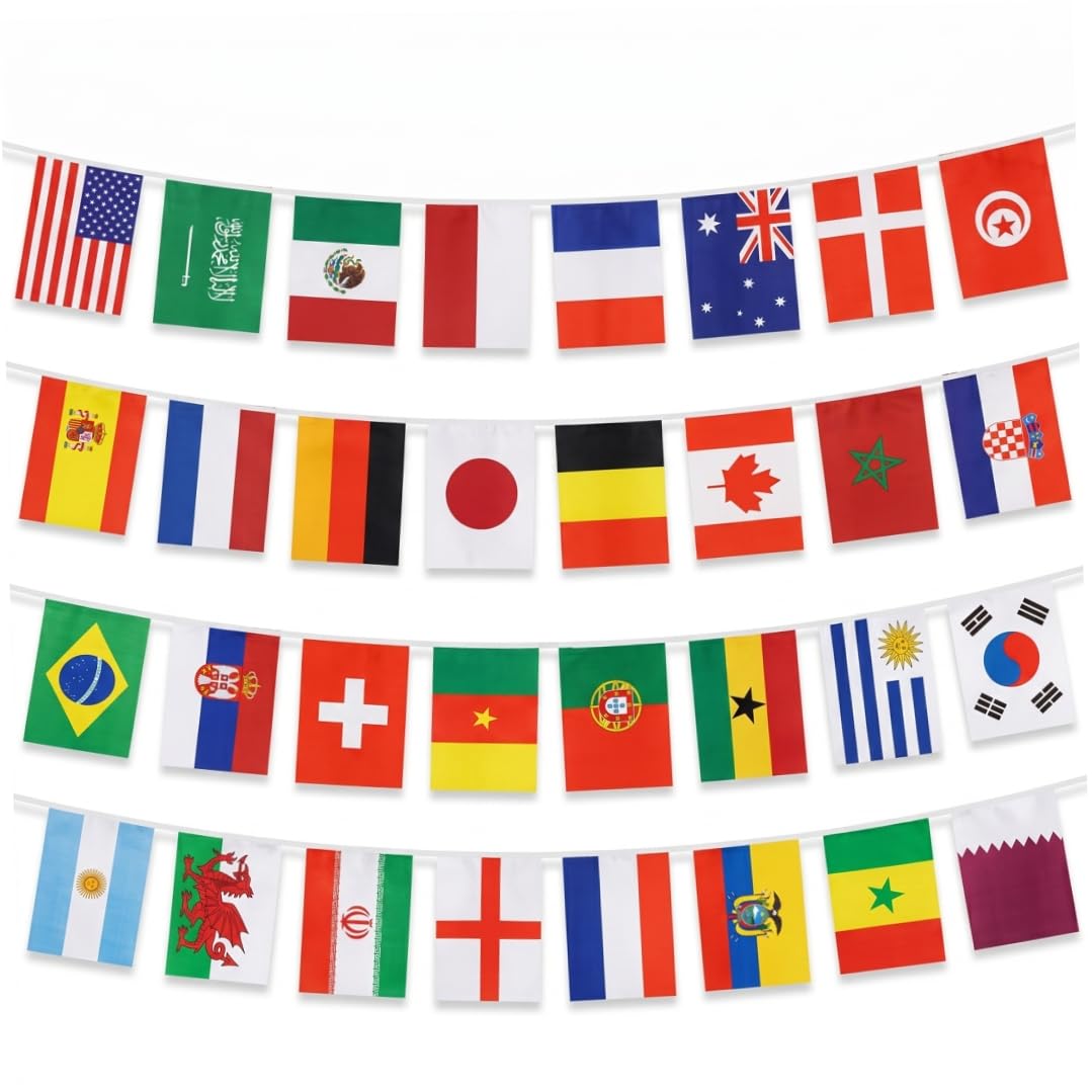 Xdyyjrasa World Flags Banner - 32.81ft Long 32 Country Flags Garland, for Around The World Party Decorations, 5.51x8.27 Inch