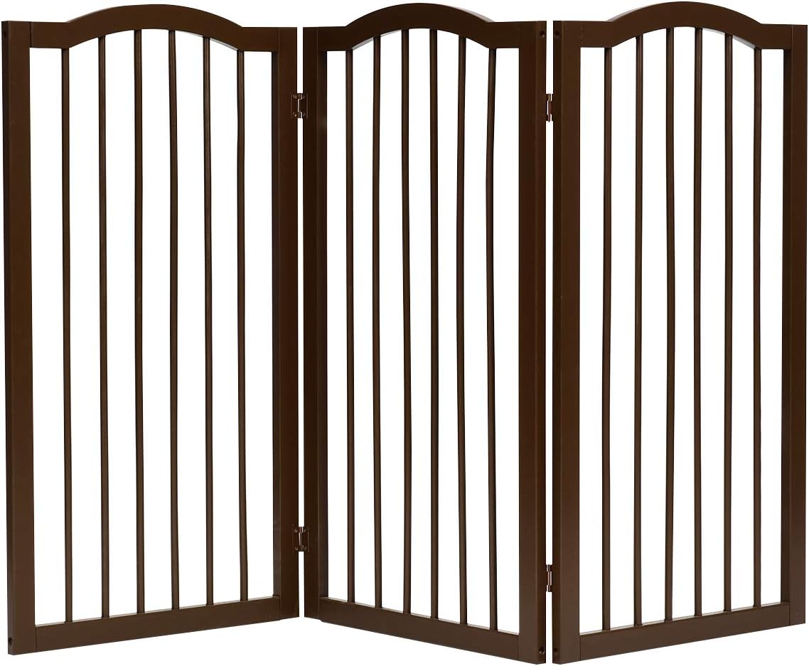 GYMAX Wooden Pet Gate, Foldable 3 Panels Stair Gate with Arched Top