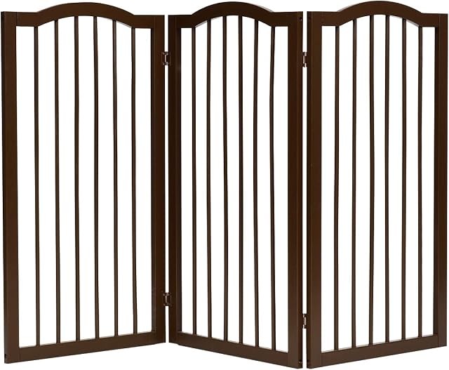 GYMAX Wooden Pet Gate, Foldable 3 Panels Stair Gate with Arched Top, 93cm High Freestanding Safety Doorway Dog Barrier