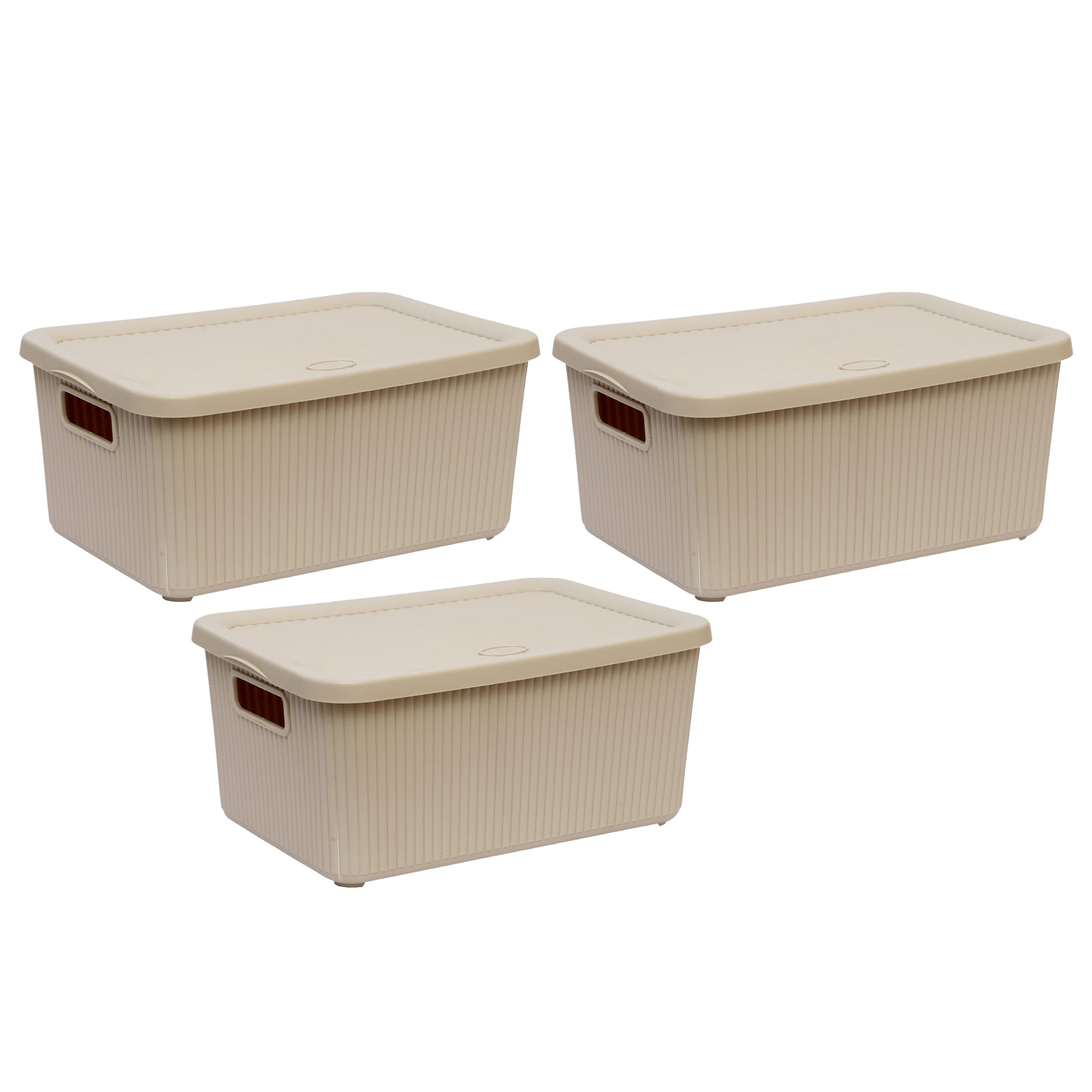 M1ss Beige Set Of 3-14L Litre Large Plastic Knitted Storage Basket With Lid, Storage Box Stackable Organiser Lidded Bin Box Large Rib Box For Nursery, Kids, Closet, And Many More (Beige)