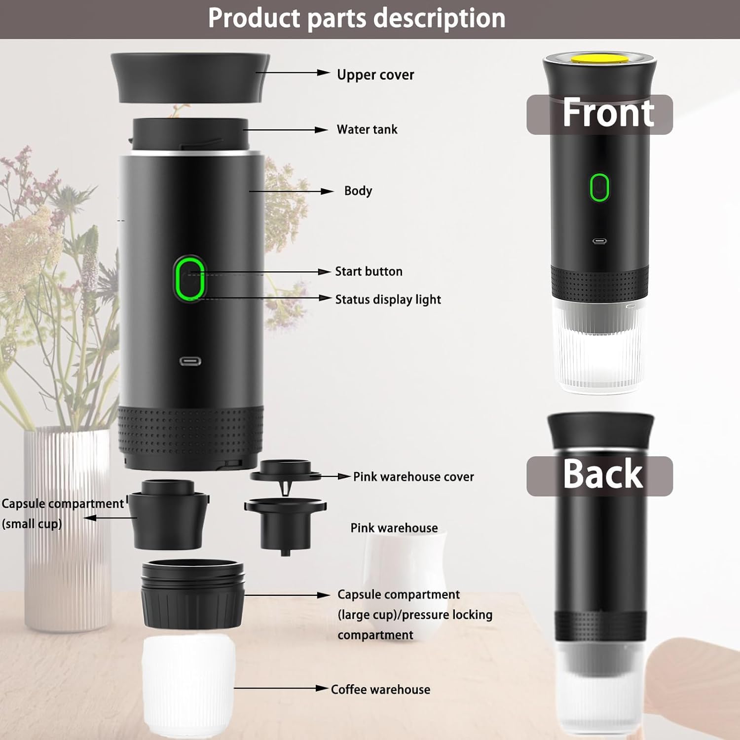 Yolispa Macchina caffè Portatile, Caffettiera Elettrica Riscaldata per Porta USB-C, Portatile Piccola Macchina da caffè Elettrica Autoscaldante Macchina espressa, per Campeggio, Ufficio, Casa, Auto