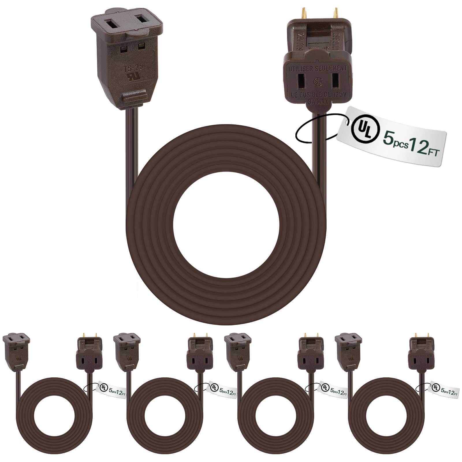 Kanayu 10 Pack Brown 12 ft Indoor Extension Cord 2 Prong Electric Cord Extender, Wire Plug in and End, Ac 120 Volts, for Outdoor Christmas Connect or Extend