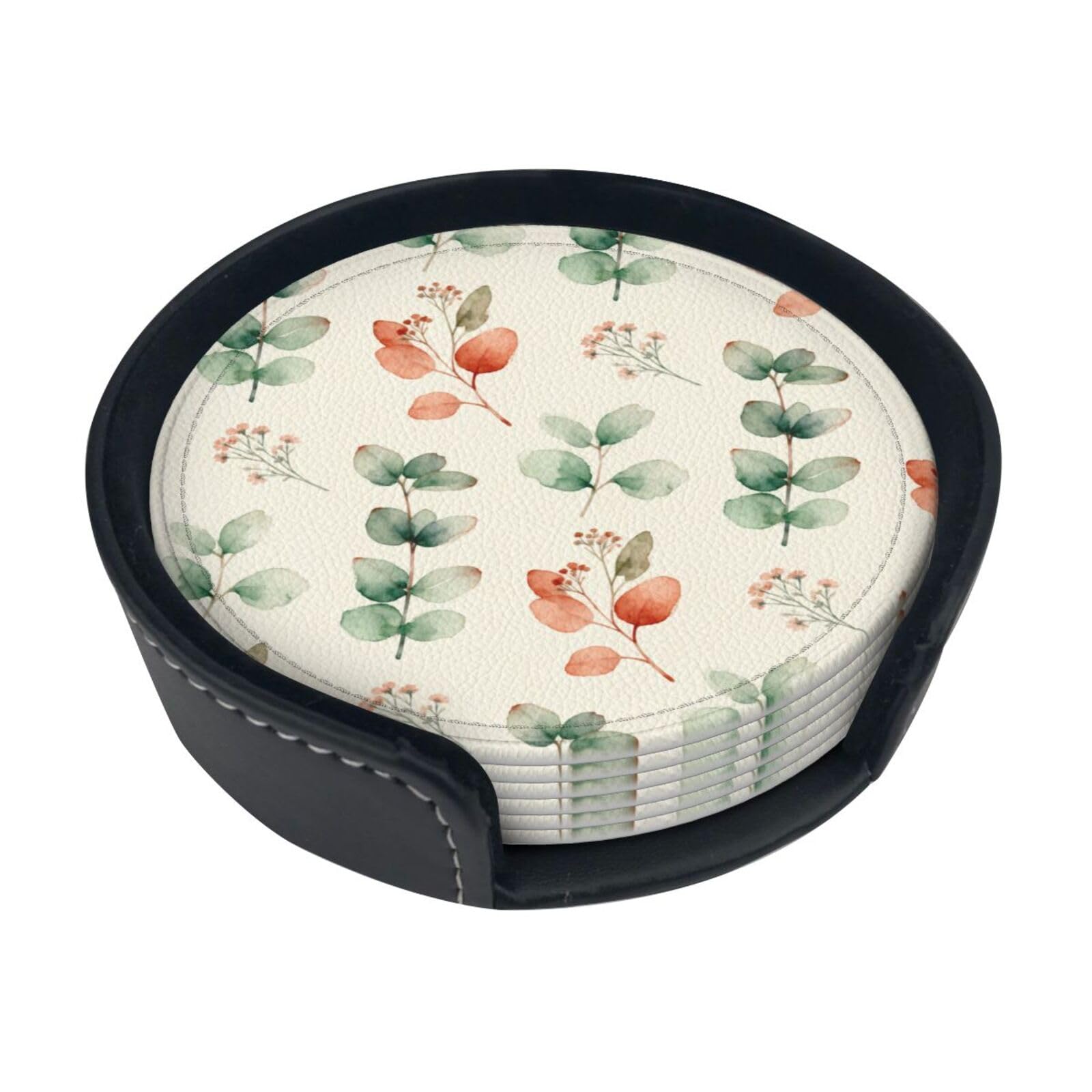Cntdbu White Plant Diary Leather Coasters Set Of 6-Pu Leather Drink Mats For Table, Heat Resistant Round Coasters With Holder