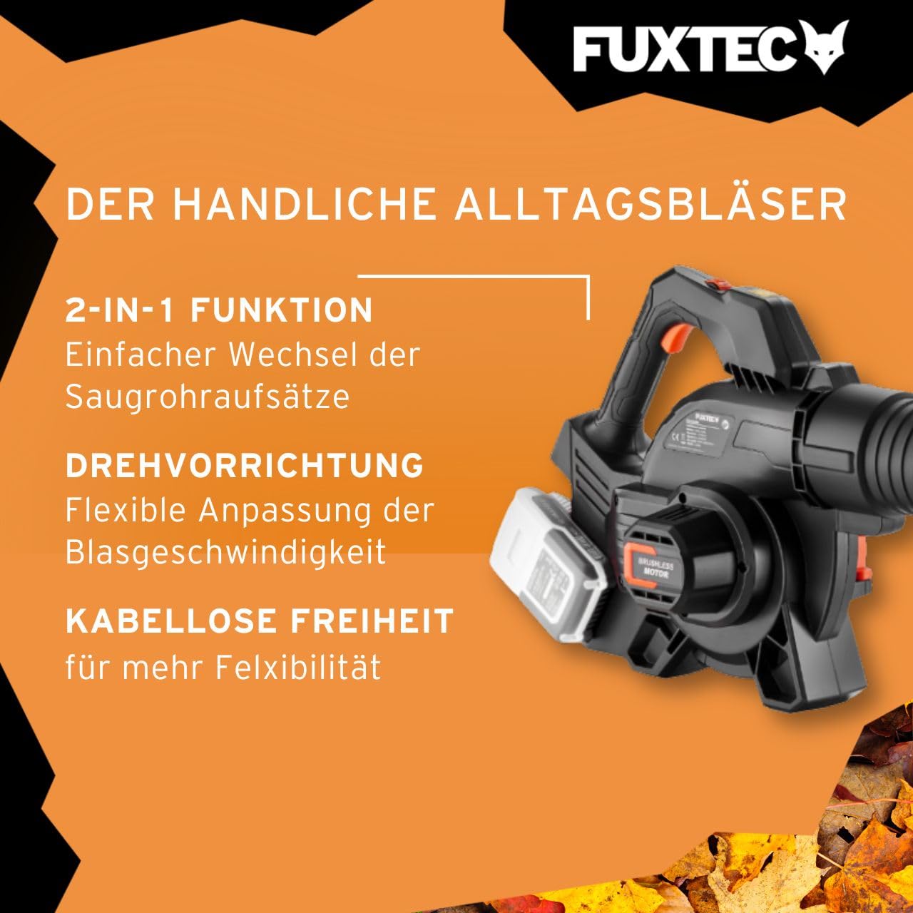 FUXTEC 40 Volt 2in1 Akku-Laubbläser/-Sauger FX-E2LBS, leistungsstarker Laubhäcksler inkl. Laubfangsack, Saugleistung 685.1m³/h, ergonomischer Handgriff, Geschwindigkeitsregulierung