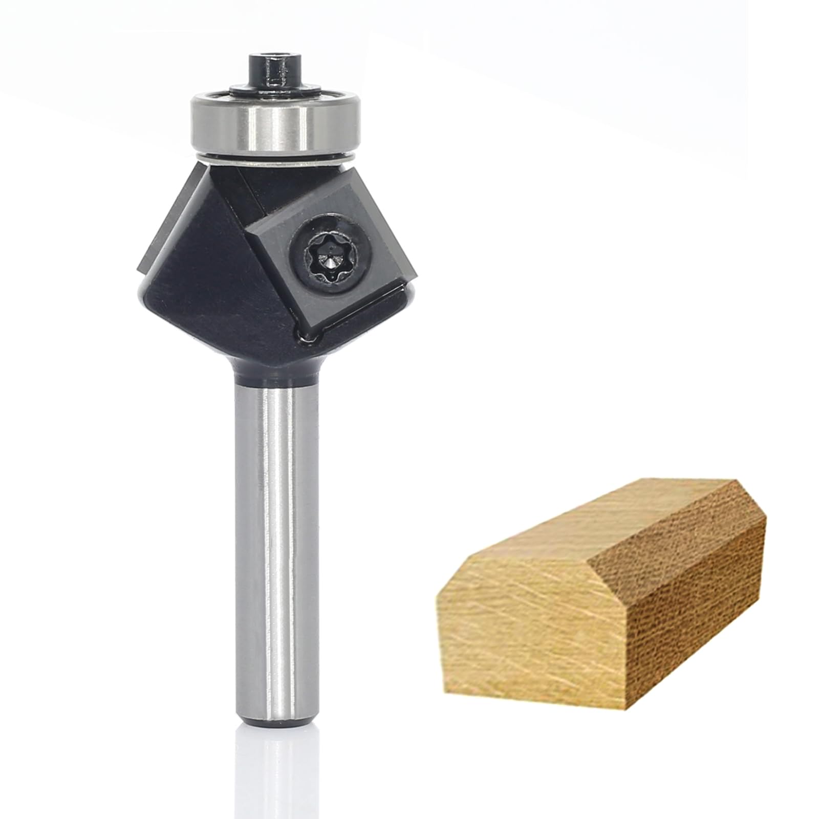 Fraise à chanfreiner avec 4 côtés en carbure de tungstène interchangeable (HW), tige 8 mm, diamètre 27 mm, longueur utile 12 mm, angle 30°, avec roulement à billes.