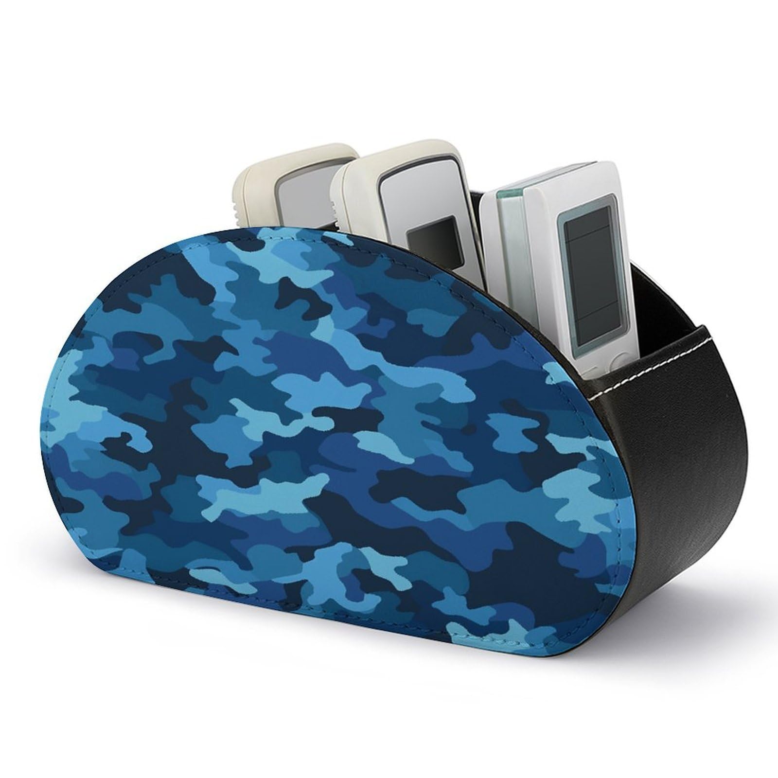 VstaDank Blue Camo Remote Control Holder with 5 Compartments PU Leather Remote Caddy Desktop Organizer Store TV Remote Control Storage Box for Home Office Desk Nightstand