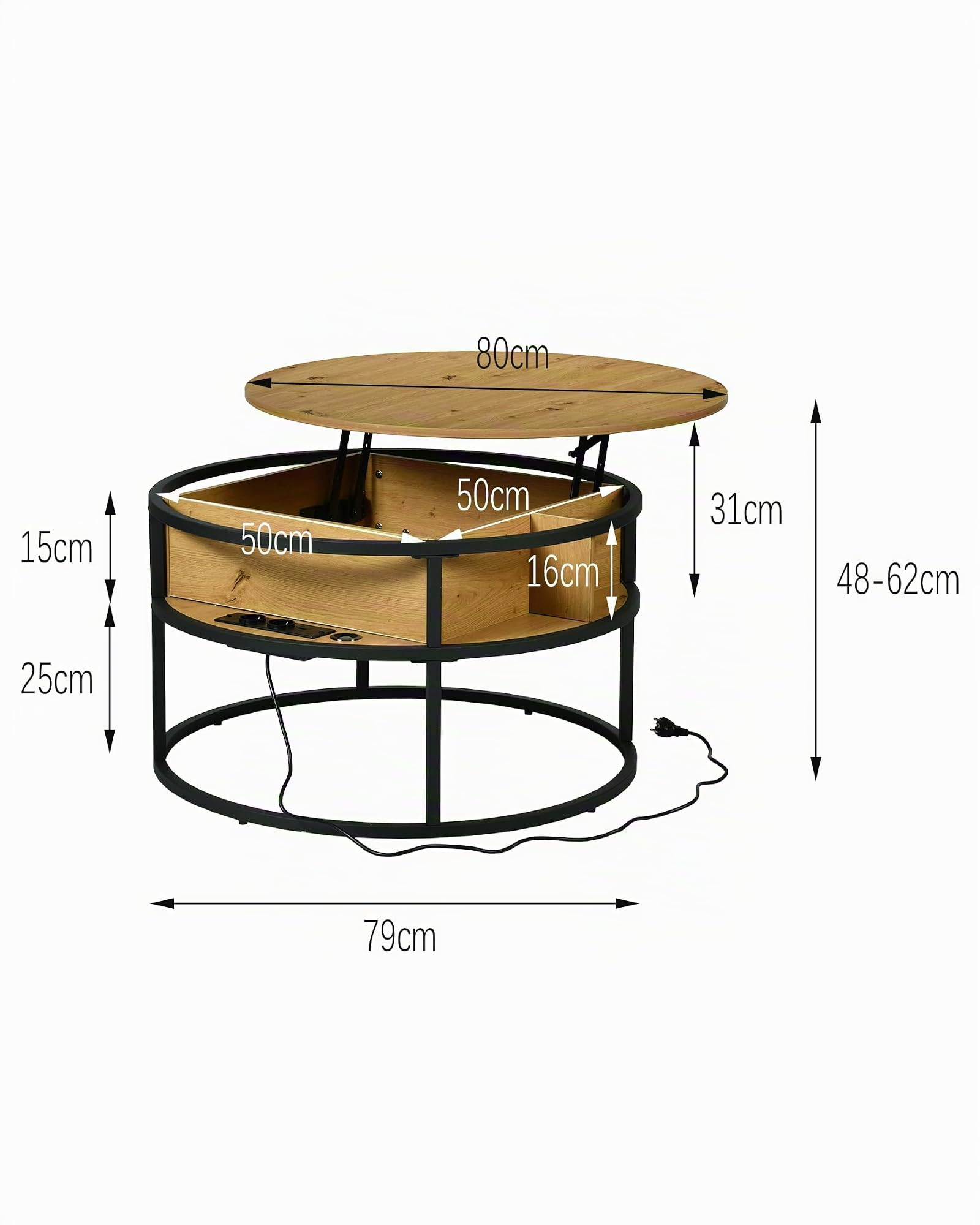 Mesa de Centro Elevable, Mesa de Centro Madera 80 x 80 x 48 cm, Mesa Elevable con Puertos USB y Tipo C, Luz LED y Compartimento Oculto, Mesa Auxiliar Sofa con Almacenamiento, Mesa Redonda