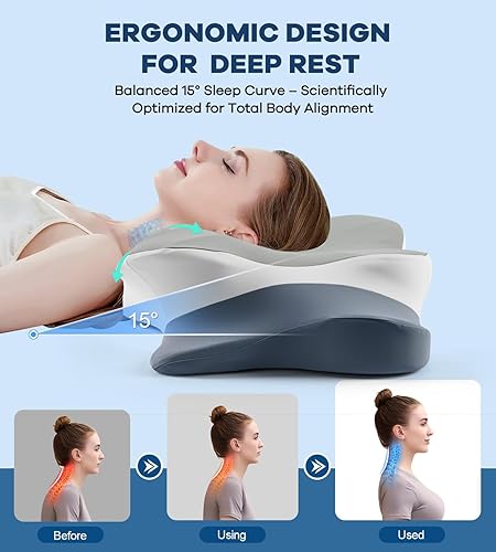 Miniatura 4 de Cervical Pillow for Neck Pain Relief, Cooling Ergonomic Memory Foam Pillow with Ice Silk Pillowcase, Dual-Height Orthopedic Contour Support Pillow