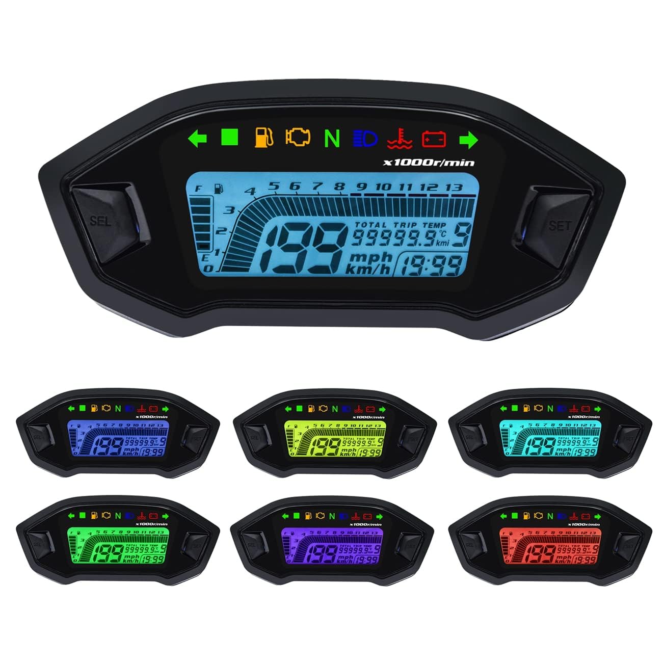 Geloo Motorrad Tachometer 13000 U/min Universal LCD Digital Odometer 7 Farben Hintergrundbeleuchtung Messgerät
