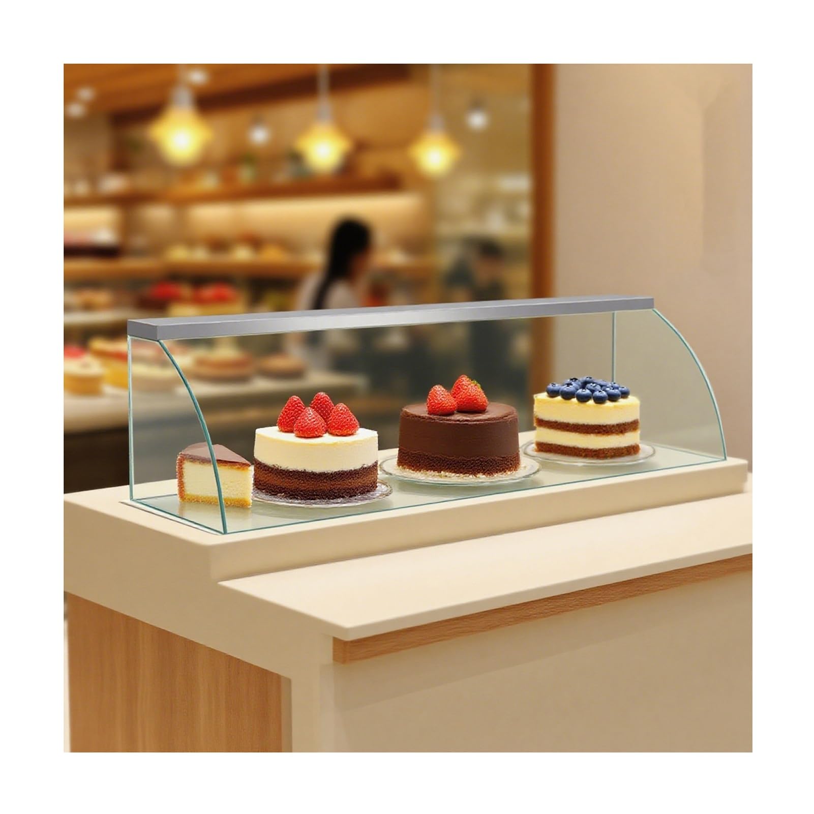 Vitrina comercial refrigerada para bufé, vidrio templado transparente para panadería, diseño cerrado de tres lados para postres