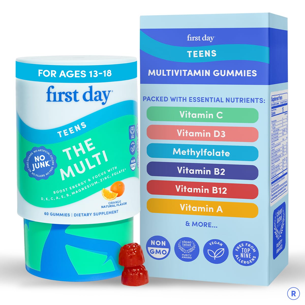 - FIRST DAY Vitamins for Teens - Teen Multi Vitamins for Girls & Boys 12-17, Organic Fruit & Veggie Blend - 12 Key Nutrients: Vitamins A, B1, B2, B6, B9, B12, C, D3, E, K2-30 Day Supply