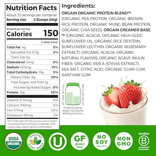 Image of Orgain Organic Vegan Protein Powder, Strawberries & Cream - 21g Plant Based Protein, 4g Prebiotic Fiber, Low Net Carb, No Lactose Ingredients, No Added Sugar, Non-GMO, For Shakes & Smoothies, 2.03 lb