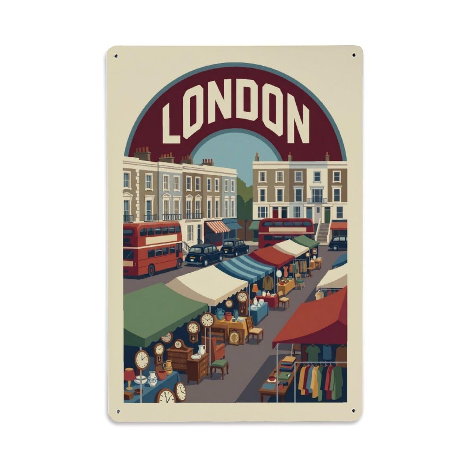 Vintage Travel London Portobello Road Market Antiques Clean England Metal Tin Sign Plaque Wall Decor for Cafe, Club Bar, Office, Home Garden Metal Poster 8x12Inch