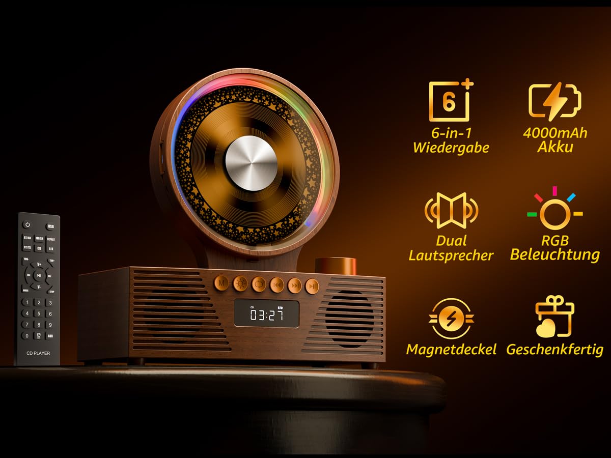 ROADOM CD Player Bluetooth 5.3 mit Dual Lautsprecher, 4000mAh Tragbar Wiederaufladbar, 6-in-1 Wiedergabe CD/USB/TF/FM/AUX, RGB Licht, Retro Desktop CD Spieler für Zuhause