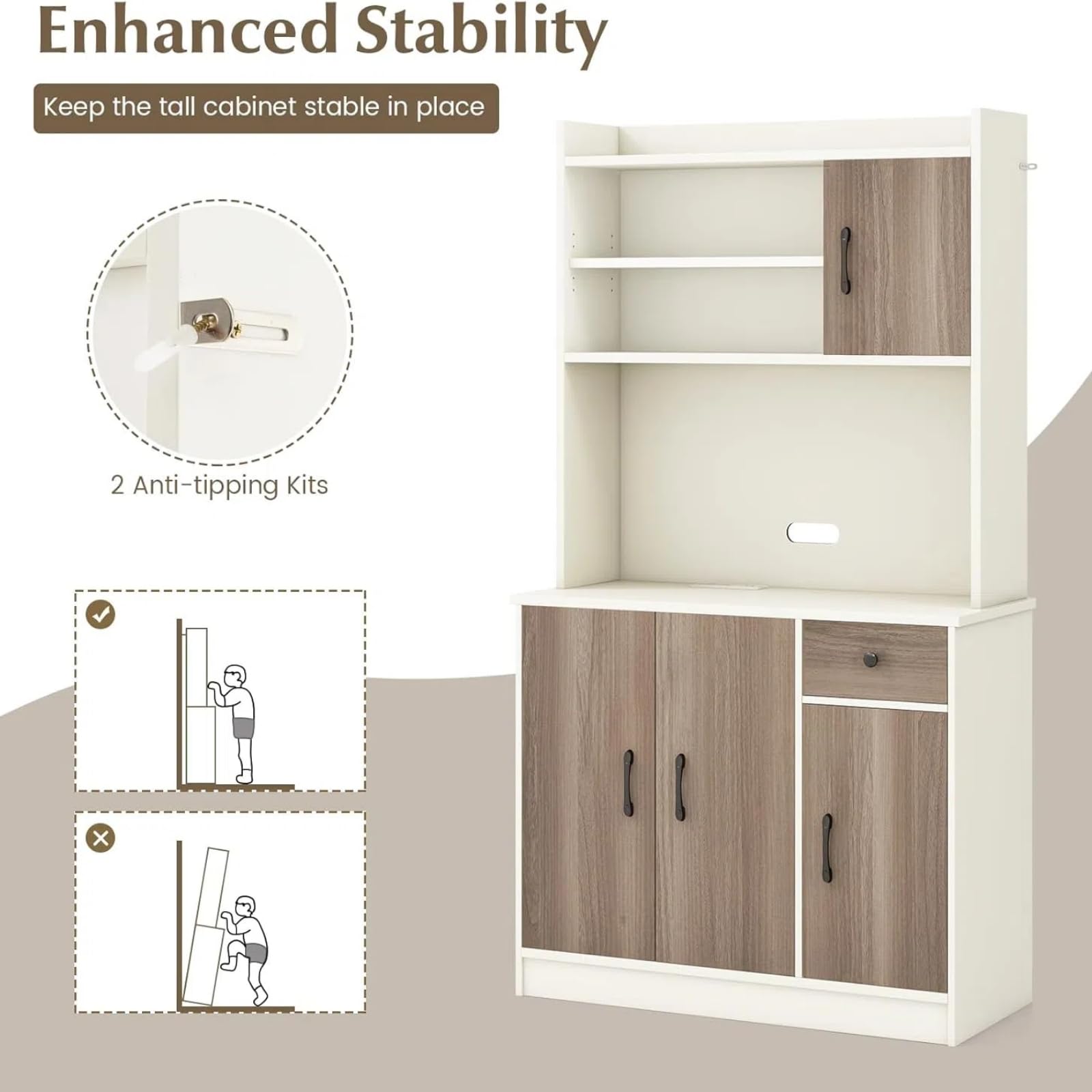 KOMFOTTEU Hochschrank Buffetschrank 180cm, Küchenschrank mit & Kabellöchern, Mehrzweckschrank mit 4 verstellbaren Regalen 3 Schränken, Aufbewahrungsschrank groß für Küche Esszimmer (Weiß)