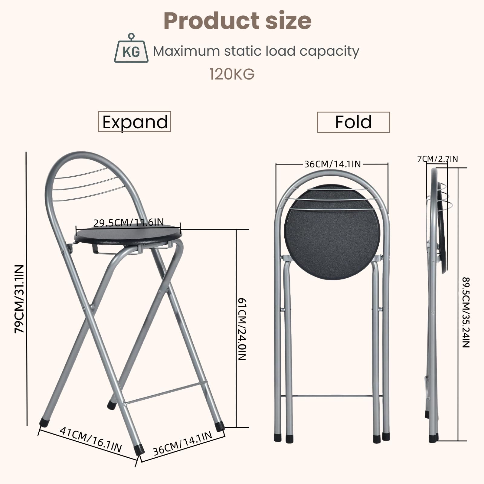 Barhocker Klappbarer, Barhocker mit Lehne, Keine Montage Erforderlich, Tragbarer Outdoor, Geeignet Für Küche, Bistro, Geschäft, Veranstaltungen im Freien (Schwarz und Silber)