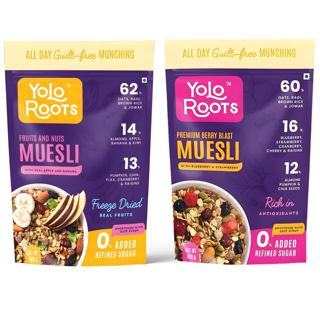 Yolo Roots Real Fruits & Nuts Muesli 400g & Berry Blast Muesli 400g Combo, No Added Sugar, High Fiber Breakfast Cereal with Oats, Nuts, Seeds & Berries, Healthy Snack & Energy Food (Pac of 2)
