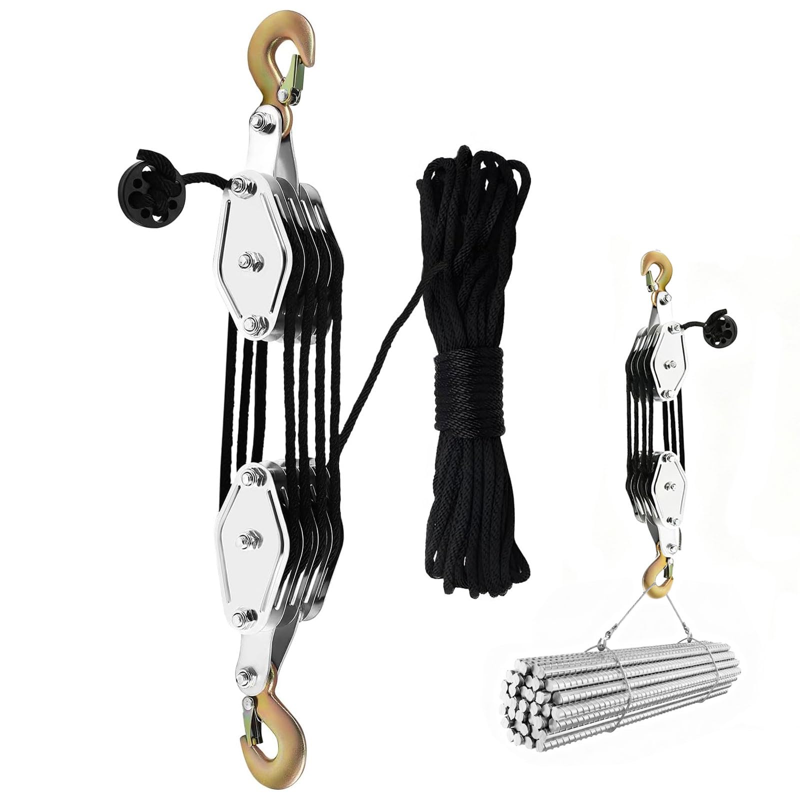 Palan à 4 rouleaux avec frein à câble, capacité de charge de 300 kg et corde en nylon noire de 20 m, crochet en acier rotatif à 270° pour chantier, transport, chasse, chutes d'arbres, entrepôts