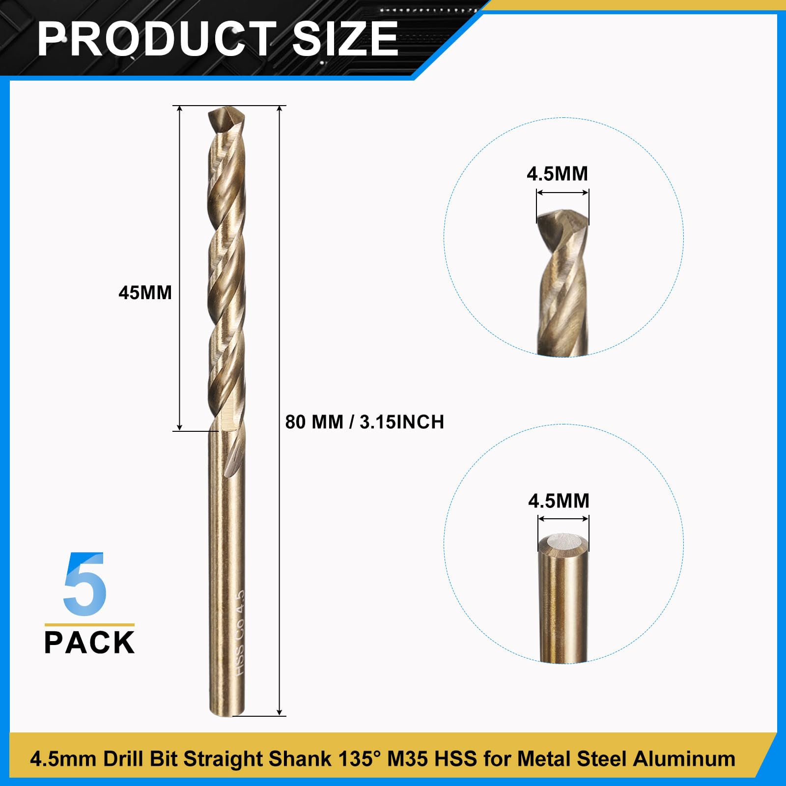PATIKIL 4.5mm Drill Bit, M35 Cobalt 5% High-Speed Steel Jobber Straight Shank 135° Gold Finish for Stainless Steel Hard Metal - 5 Pack - Image 2