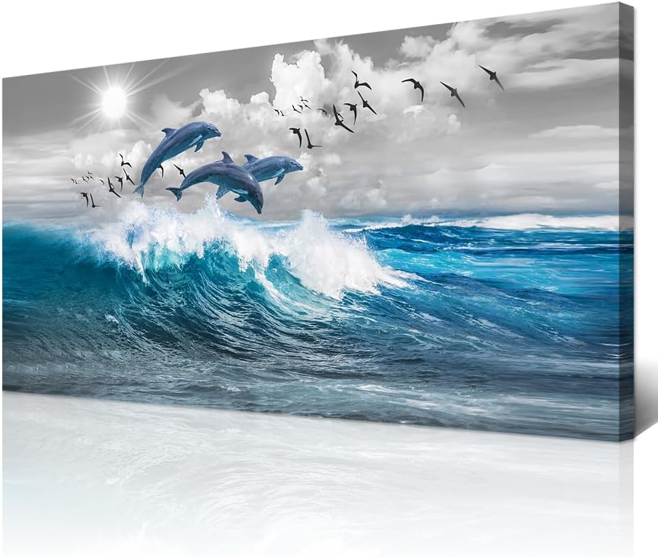 Wapluam Wall Decor For Living Room Large Canvas Wall Art For Bedroom Blue Wave Of The Sea Wall Pictures Artwork Modern Office Canvas Print Dolphins Wall Paintings Ready To Hang Stretched and Framed