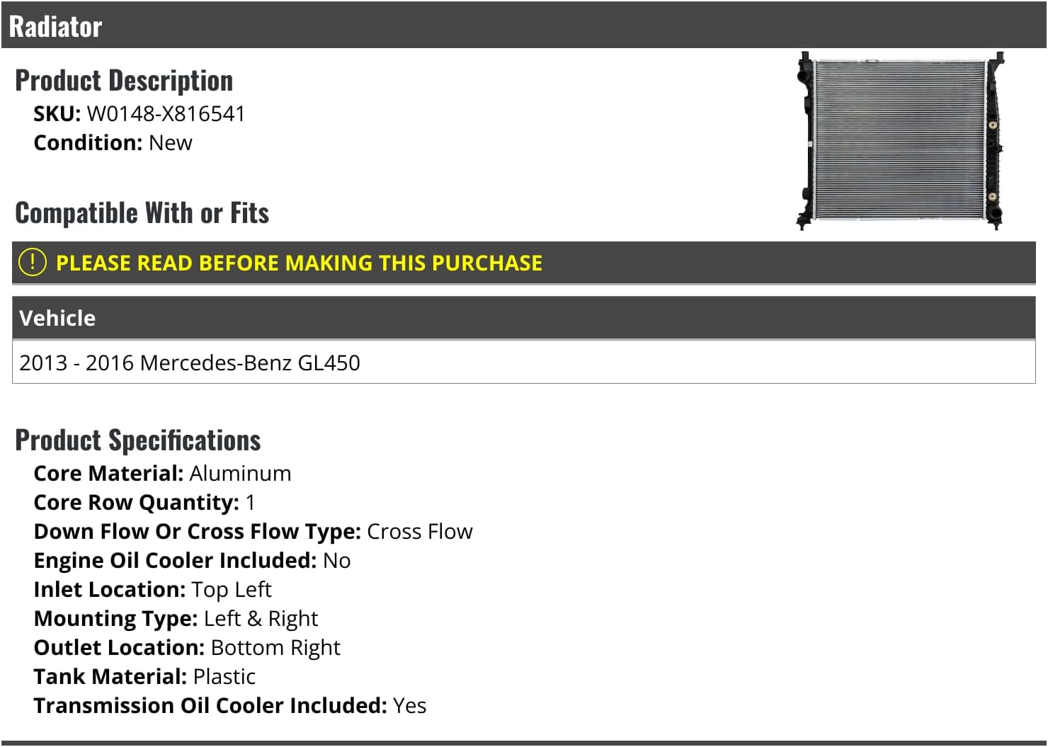Radiator - Compatible with 2013-2016 Mercedes-Benz GL450