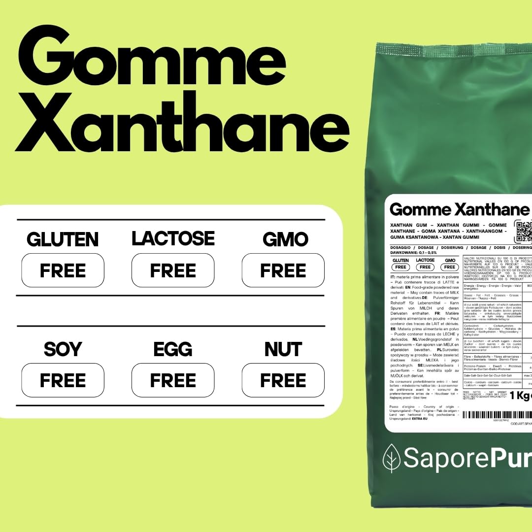 Saporepuro Xanthane en poudre 1 kg - Idéal pour la crème glacée, les sauces, mixologie, cuisine moléculaire, les nappages et les sorbets - 100% pur