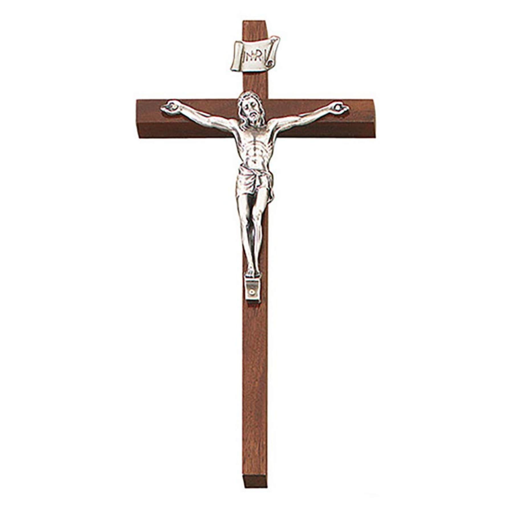 Walnut Wood Latin Cross Crucifix with Pewter Jesus Christ Corpus, 10 Inch