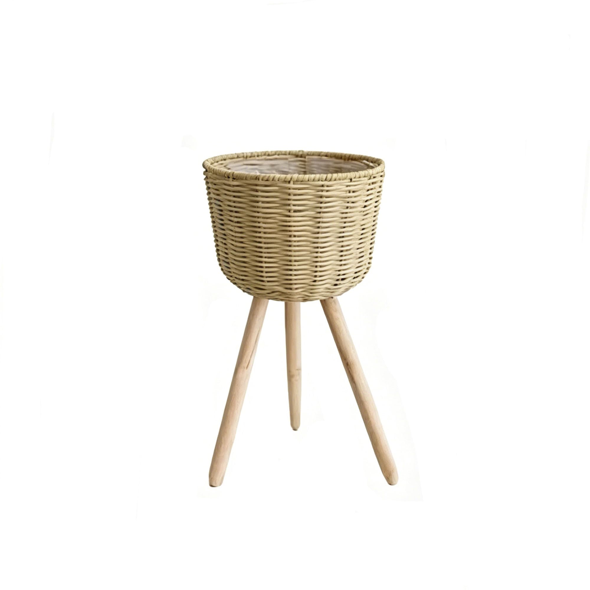YDJIANCAI 1Pcs Wicker Seagrass Woven Plant Pot On Wooden Standing Legs, Round Floor Rattan Plant Stand Holder, Wicker Plant Basket With Stand For Living Room Balcony Home Decor(Size:Small)