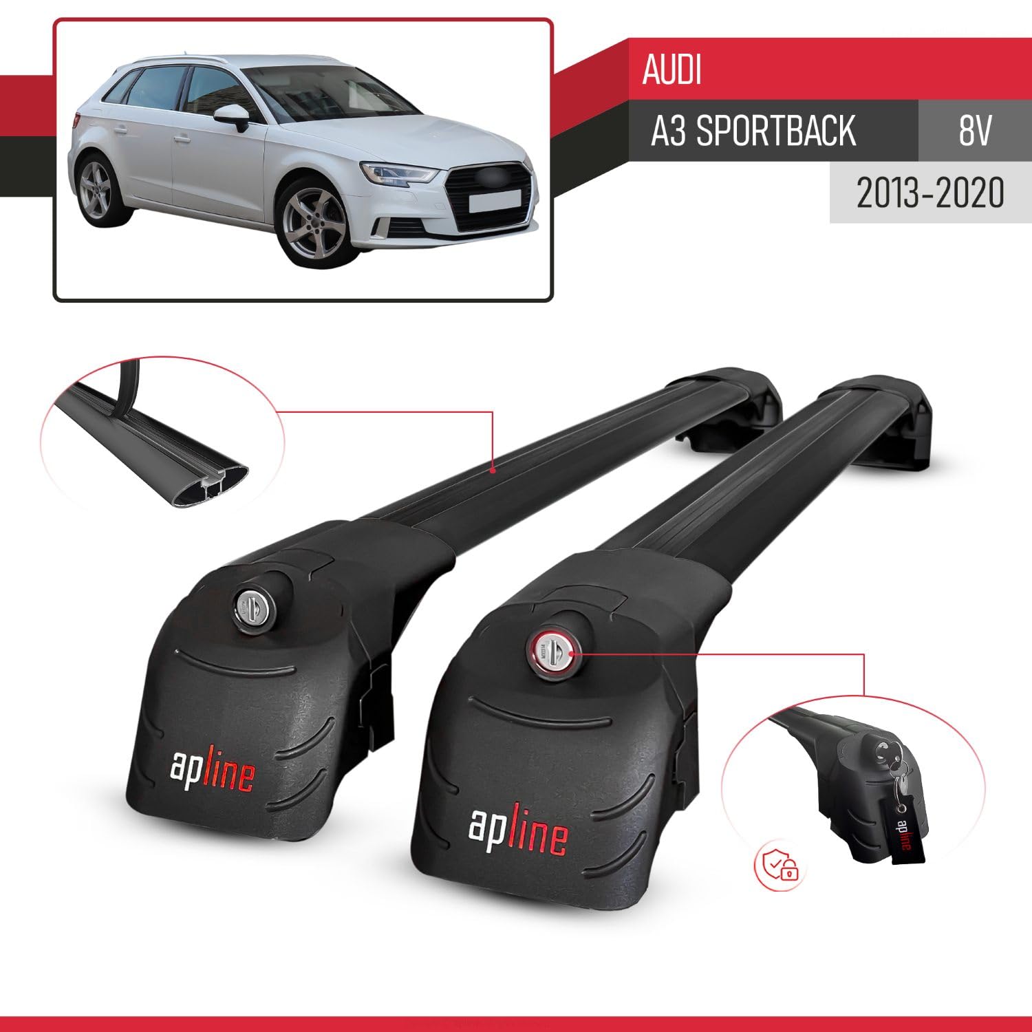 Compatible avec Audi A3 Sportback 2015-2020 ACE-2 Barres de Toit Railing Porte-Bagages de Voiture Noir Aluminium 2 Barres