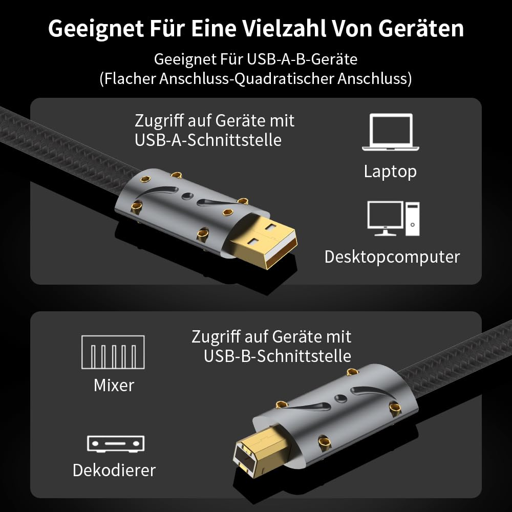 Viborg HiFi - Cavo USB 1,2 m, USB 2.0 tipo A a B, OFC placcato in argento (rame senza ossigeno), cavo audio HiFi per dispositivi DAC HIFI, cavo audio USB di fascia alta