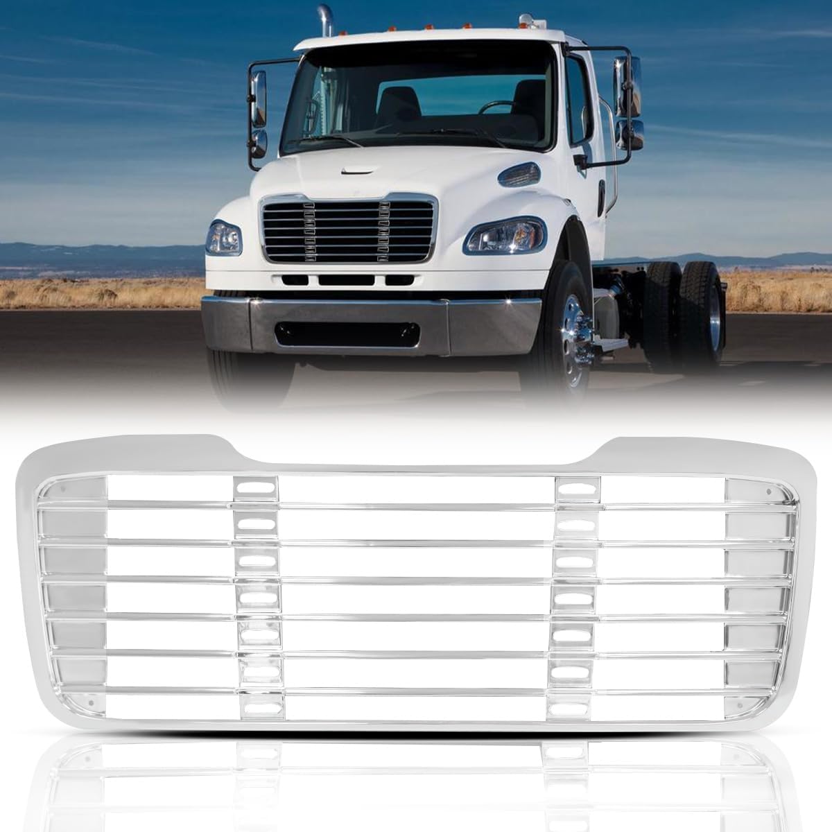 ALL Chrome Front Hood Radiator Grille Compatible With Freightliner M2 2004-2013 (without Bug Screen)