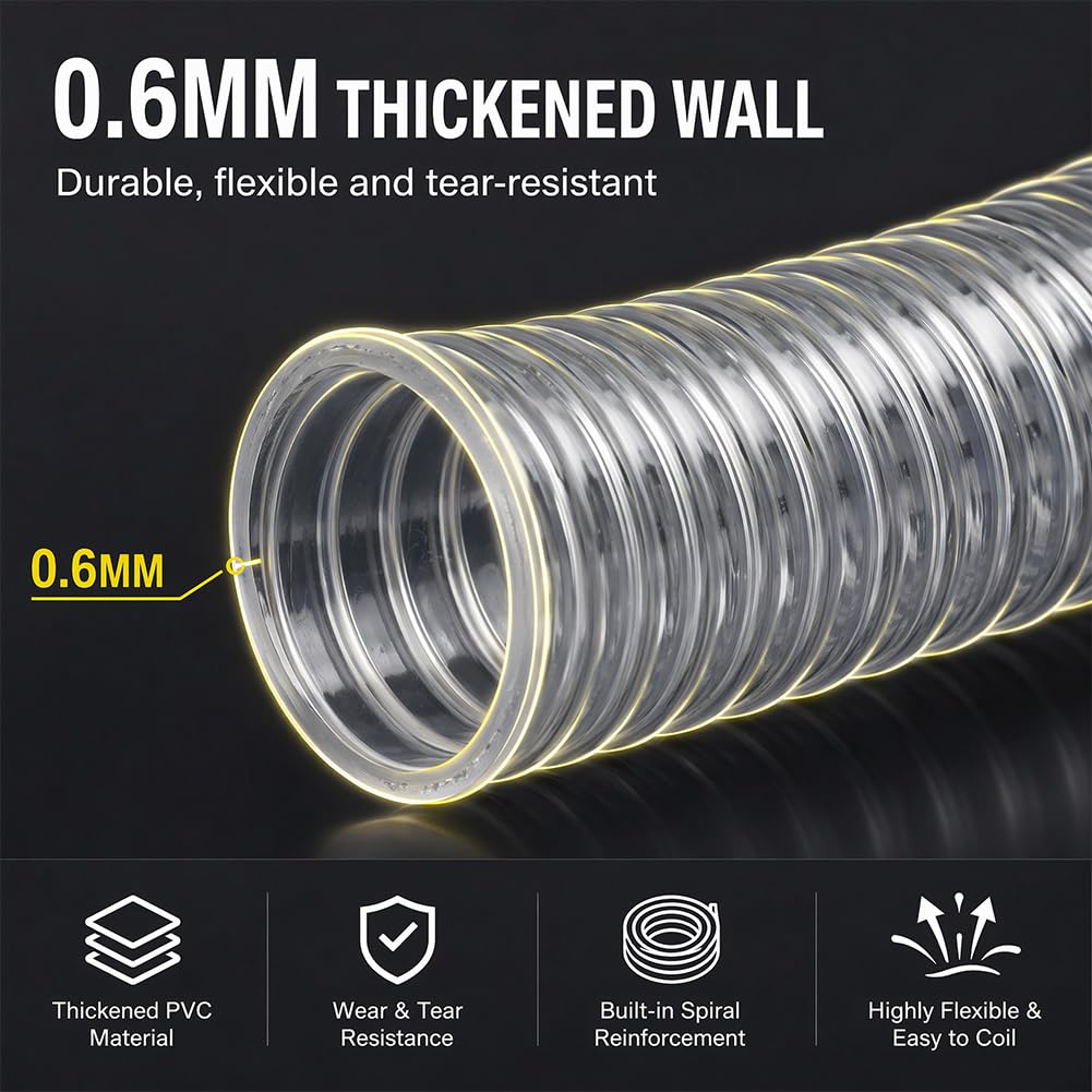 50mm Transparenter PVC Absaugschlauch 3m, Staubsaugerschlauch Universal Spiralschlauch Staubsammelschlauch Flexibel für Werkstatt Staubsauger, Teichpumpe, Absauganlage, Luft & Wasser Transport