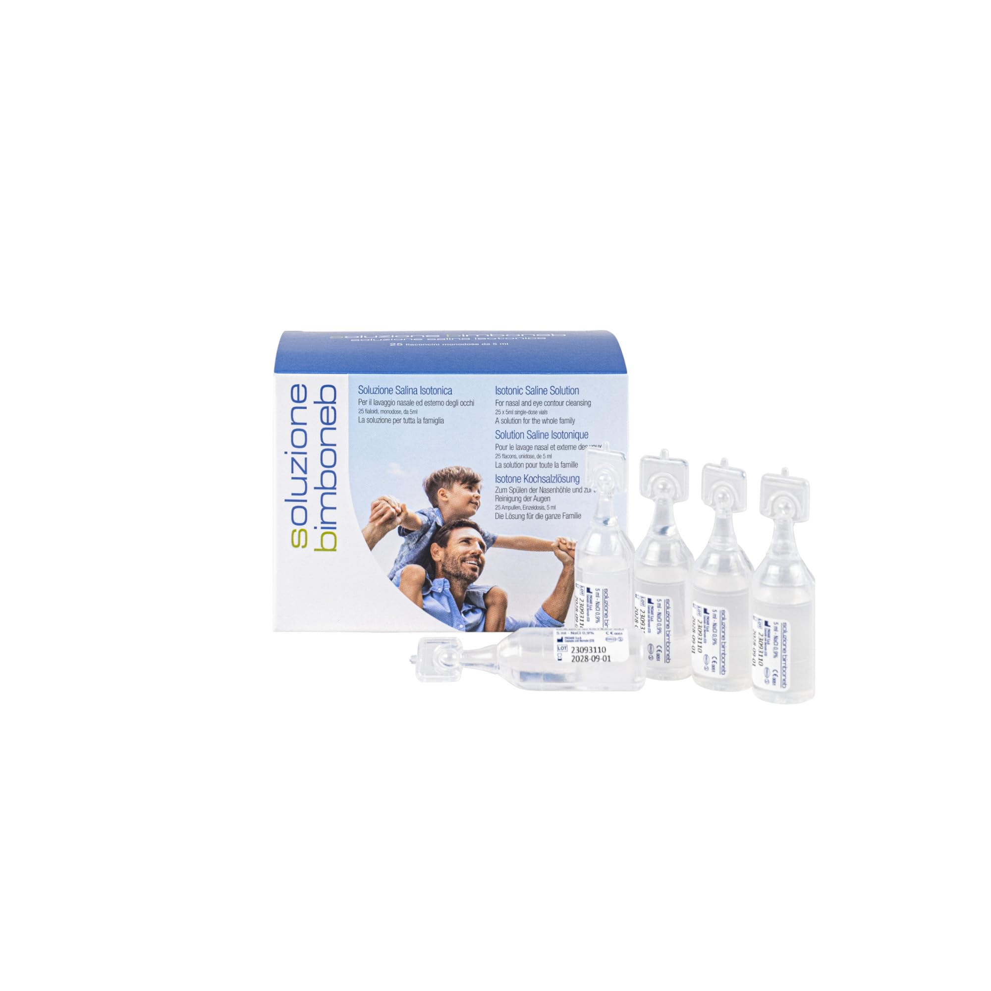 Air Liquide Healthcare, Soluzione Isotonica Sterile BIMBONEB, Trattamento delle Cavità Nasali e per l'Igiene Oculare, Adatta per Adulti e Bambini, Confezione da 25 Flaconcini Monodose da 5 ml