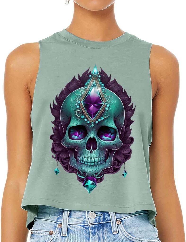 Skull Design Racerback Cropped Tank - Cute Skull Women's Tank - Cool Design Tank Top - Heather Dusty Blue, XL
