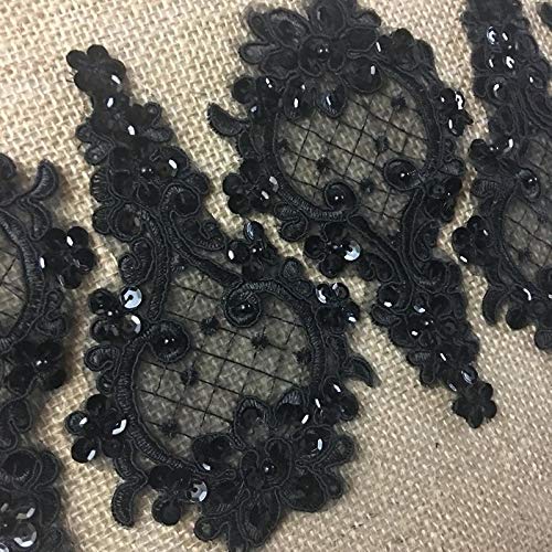 Corded Beaded Applique Piece Embroidered Sequinned Sheer Organza Lace Teardrop Shape, 6"X4", 4 Pieces, Choose Color. Multi-Use Garments Costumes Crafts, Black #TOP1
