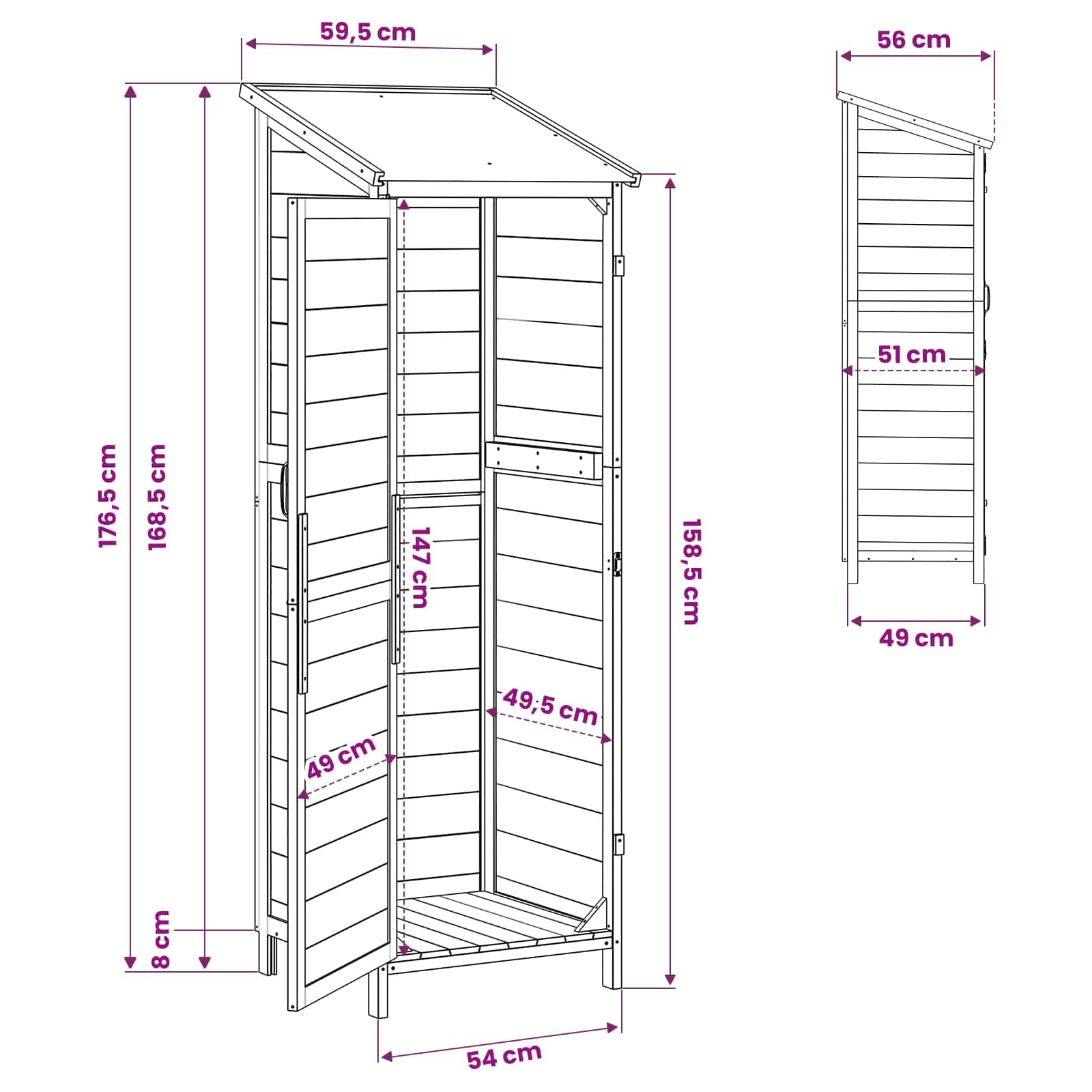Garten-Geräteschuppen aus Massivholz Fichte 59,5 x 56 x 176,5 cm mit Lüftungstür und abschließbarem Schloss für Fahrrad Rasenmäher Gartenlagerung