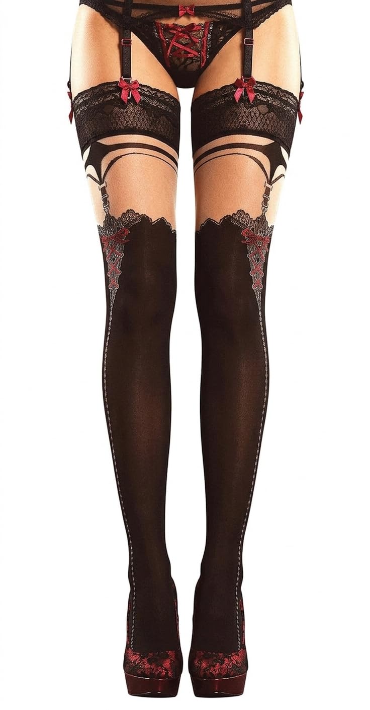 Unbekannt Ballerina Hold-Up Stockings, Black/Skin Red, 20 Denier - Suspender Look - Multicolour - S-M